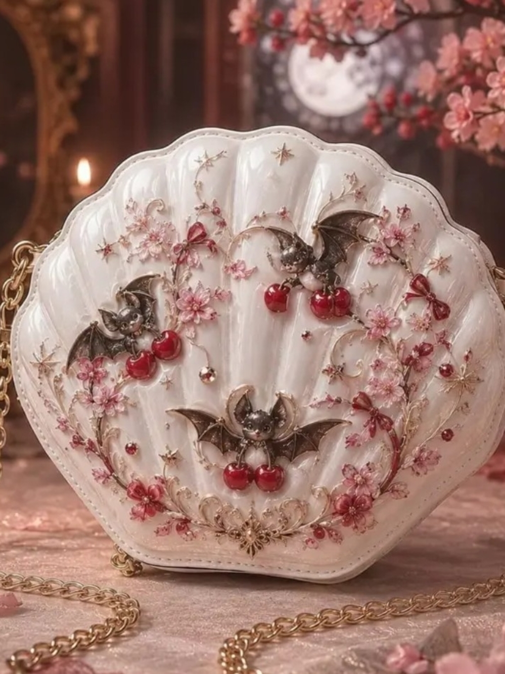 Elegant White Shell Crossbody Bag with Pink Floral, Bats & Cherry Accents